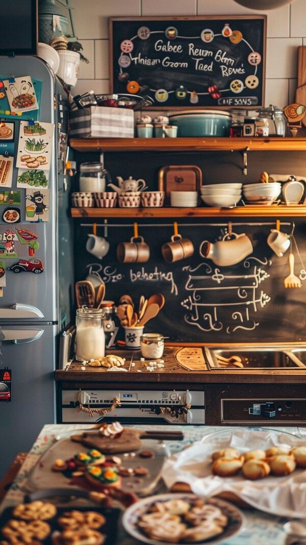 A cozy kitchen scene with food on a counter
